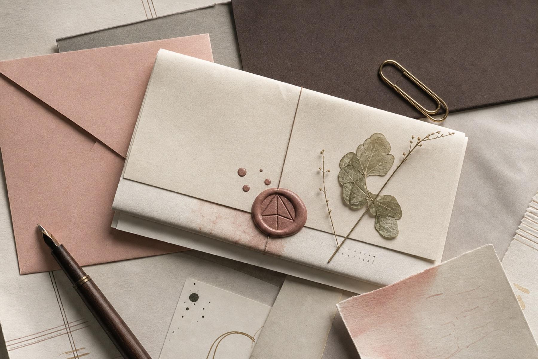 Cream and blush envelopes with a wax seal, fountain pen and dried botanical stem.