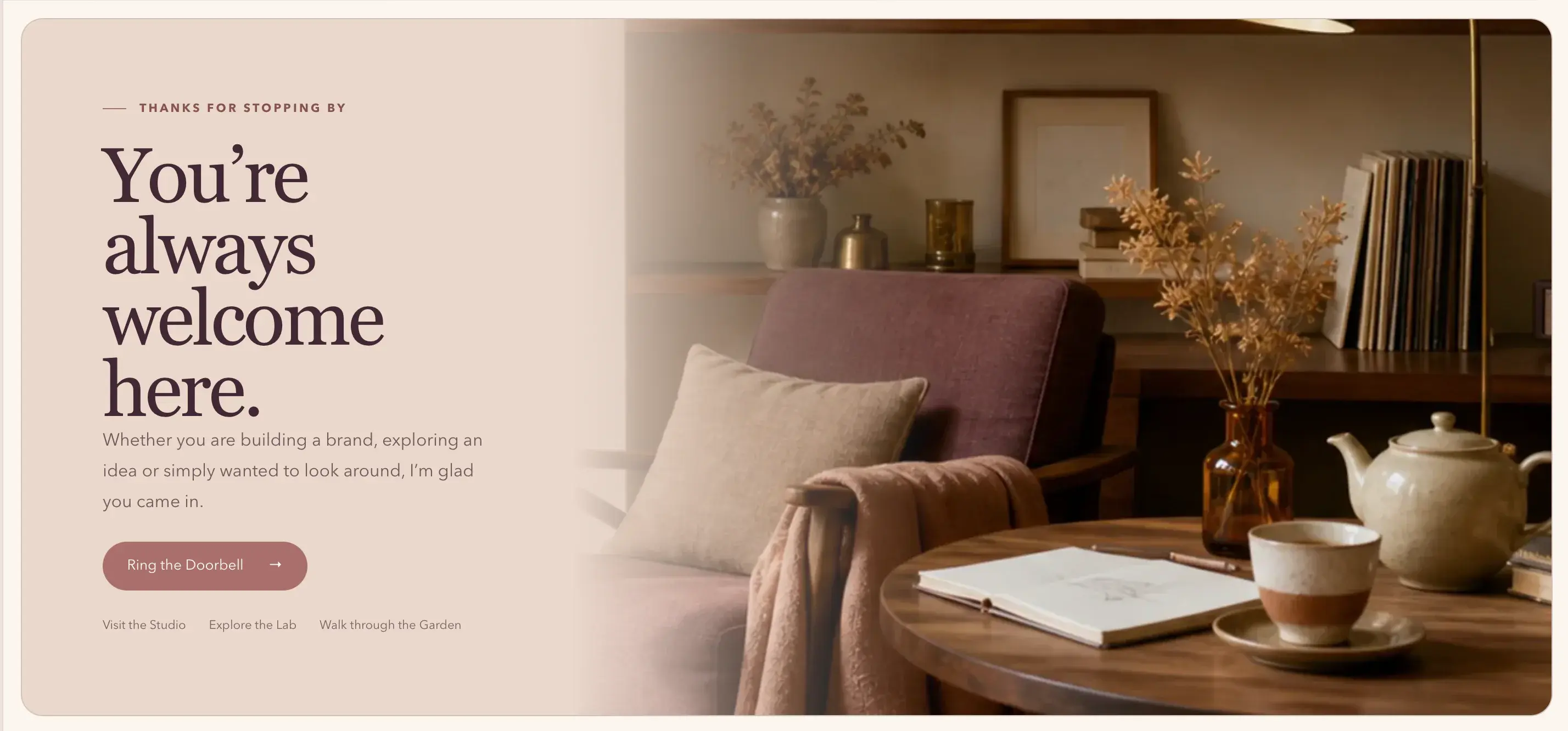 Perah Studio welcome section inviting visitors to ring the Doorbell.