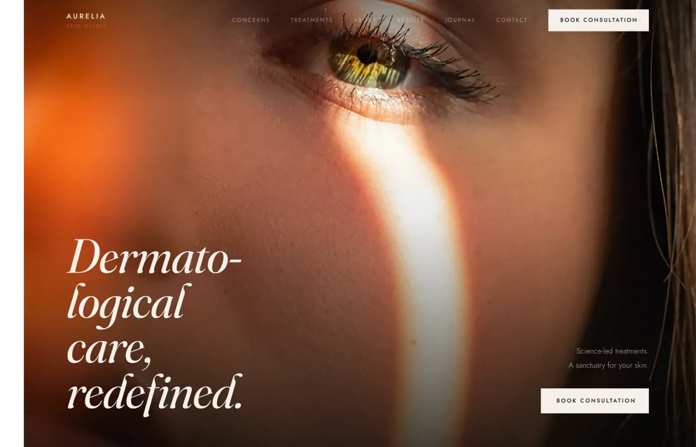 Aurelia homepage opening with a cream clinical panel and warm portrait photography.