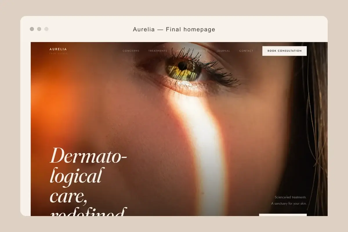 Aurelia website hero composed inside an ivory browser frame.
