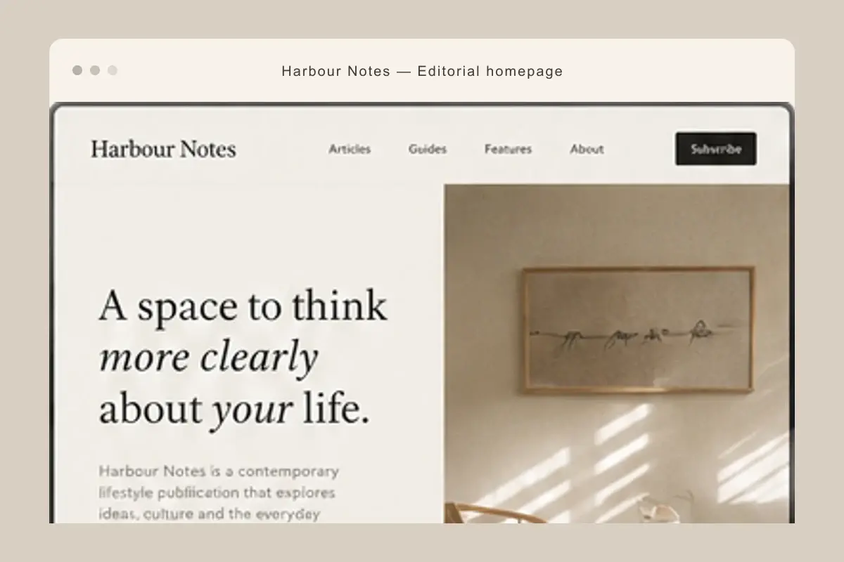 Harbour Notes editorial homepage composed inside a calm paper-toned browser frame.