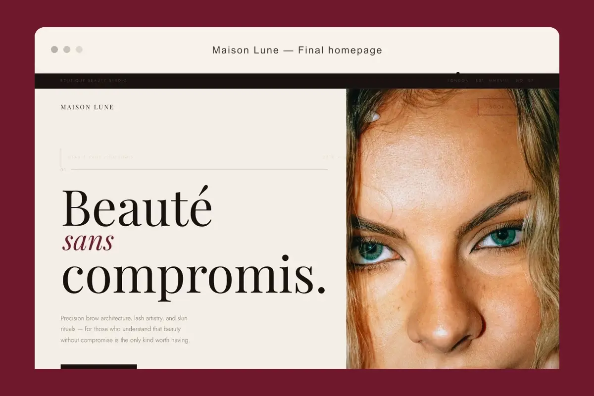 Maison Lune website hero composed inside a burgundy browser frame.