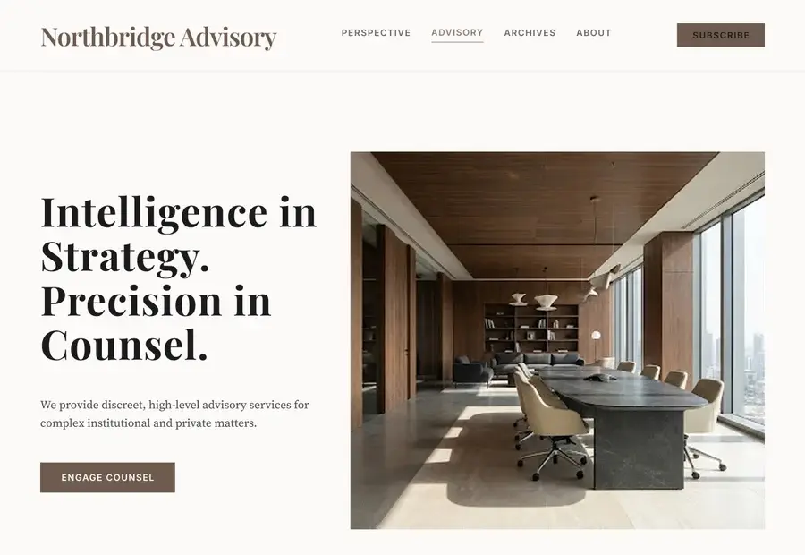 Northbridge advisory homepage with monochrome architecture and precise typography.