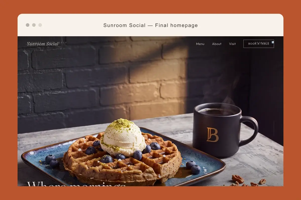 Sunroom Social website hero composed inside a burnt-orange browser frame.