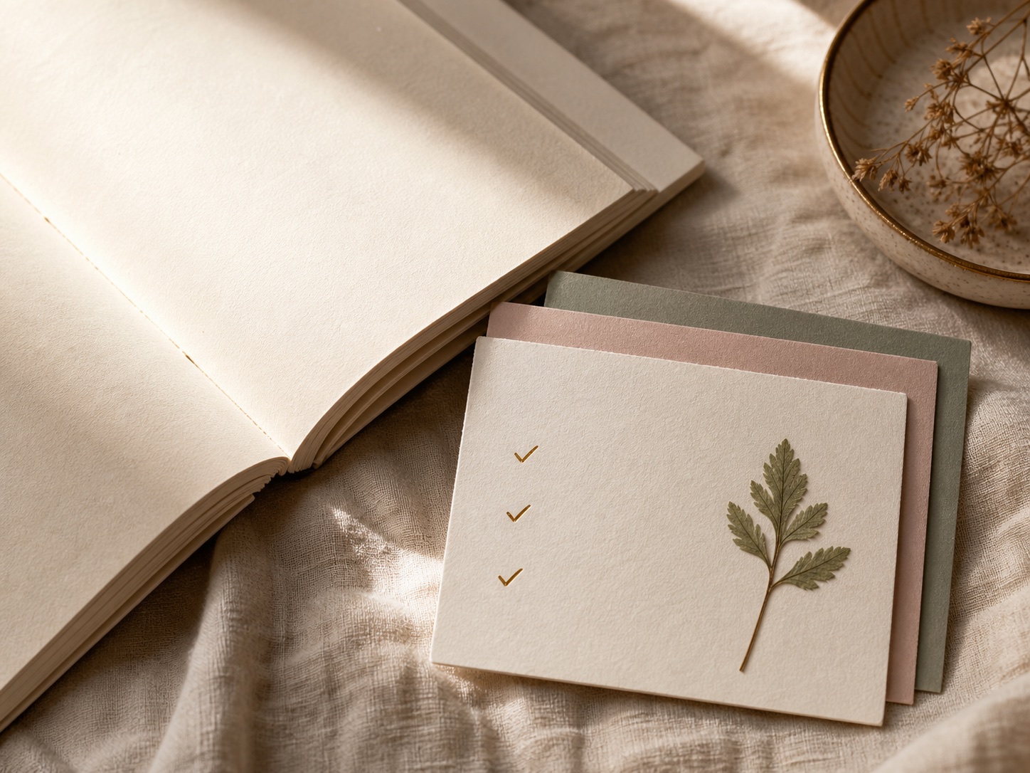 An open devotional book beside soft paper habit cards and a pressed leaf.